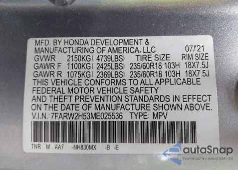 2021 Honda Cr-V Awd Ex из США, поврежденный, VIN 7FARW2H53ME025536